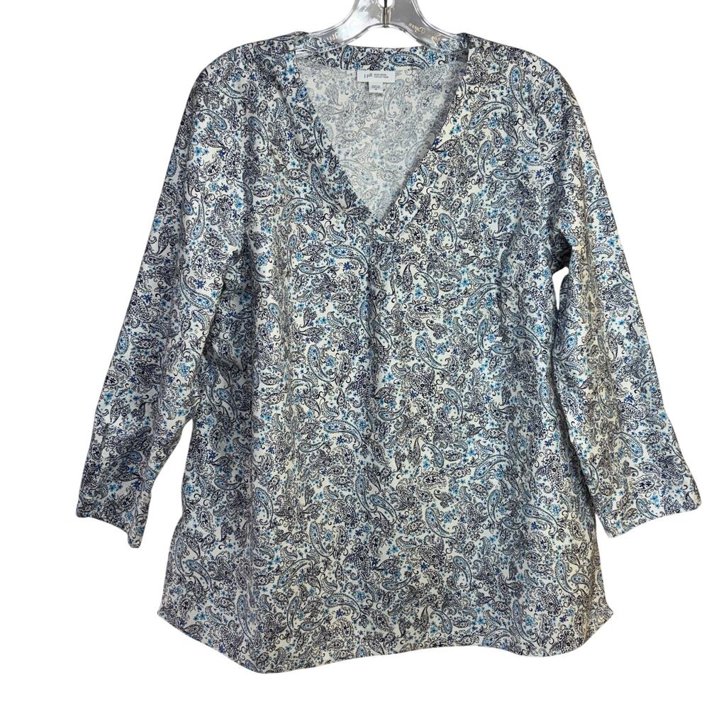 J. Jill Non-Iron V-Neck Popover Women's Medium White Blue Paisley Cotton Stretch